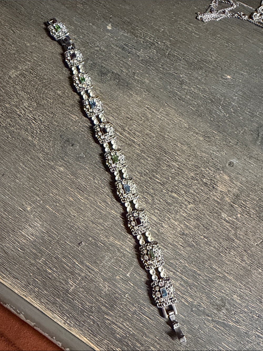 JBK Silver Bracelet with Green and Clear Stone Accents removable link
